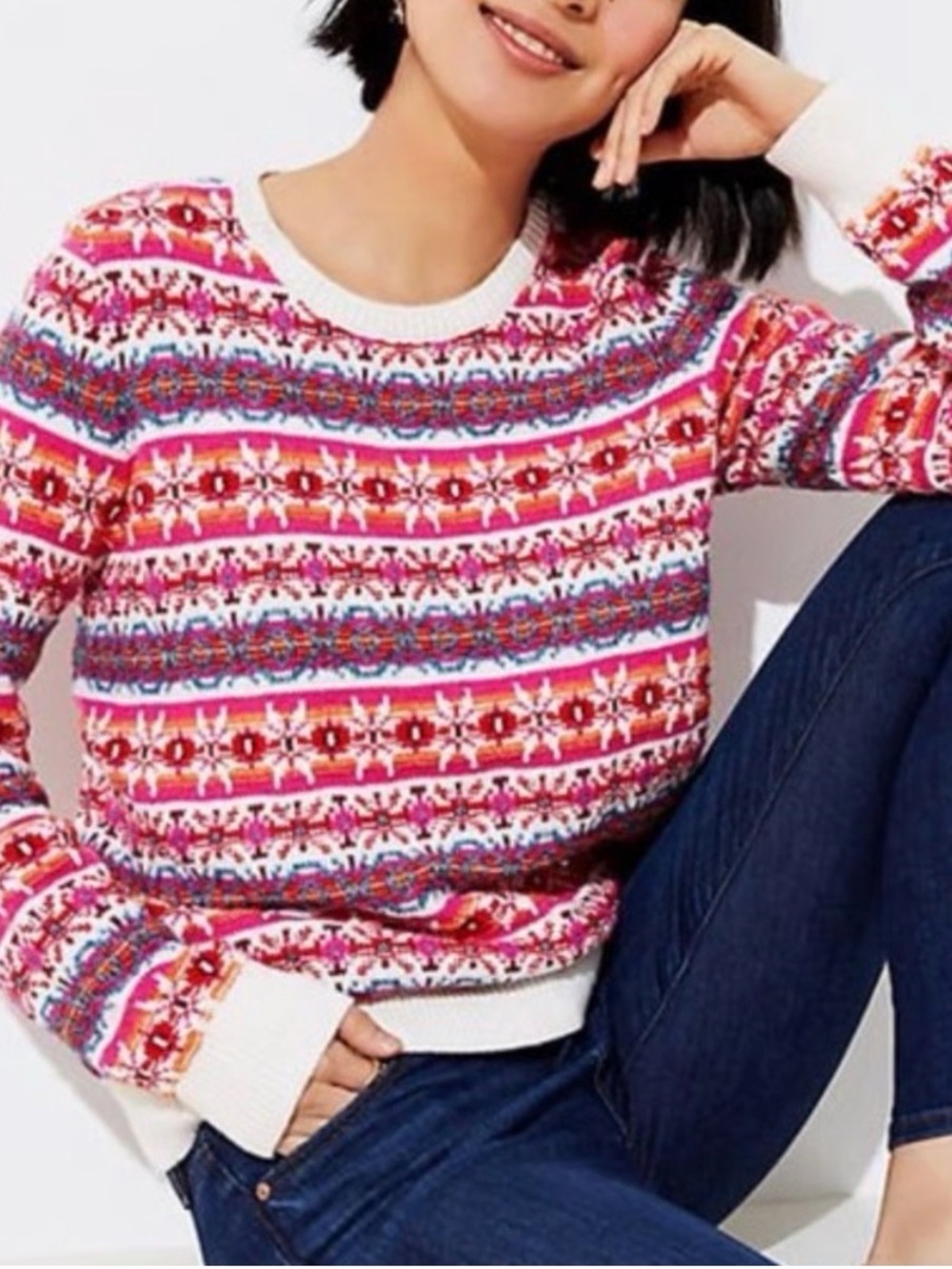 NWT LOFT Pink Multicolor Fair Isle Crewneck Sweater XS
